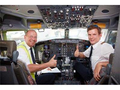 Captain Ulrich Pade and First Officer Rafael Gabel in the cockpit