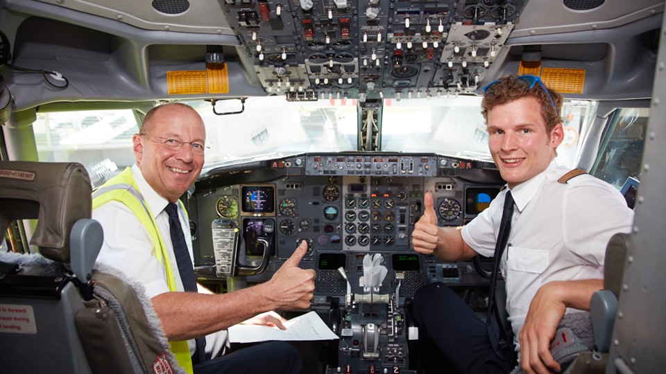 Captain Ulrich Pade and First Officer Rafael Gabel in the cockpit