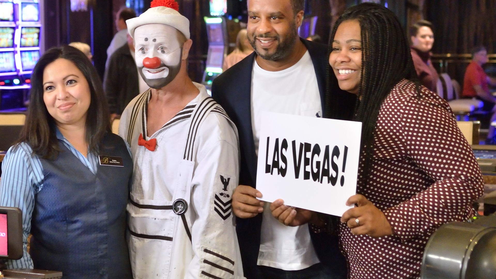 Clown from "O" by Cirque du Soleil surprises guests and Las Vegas employee with time off and free trips