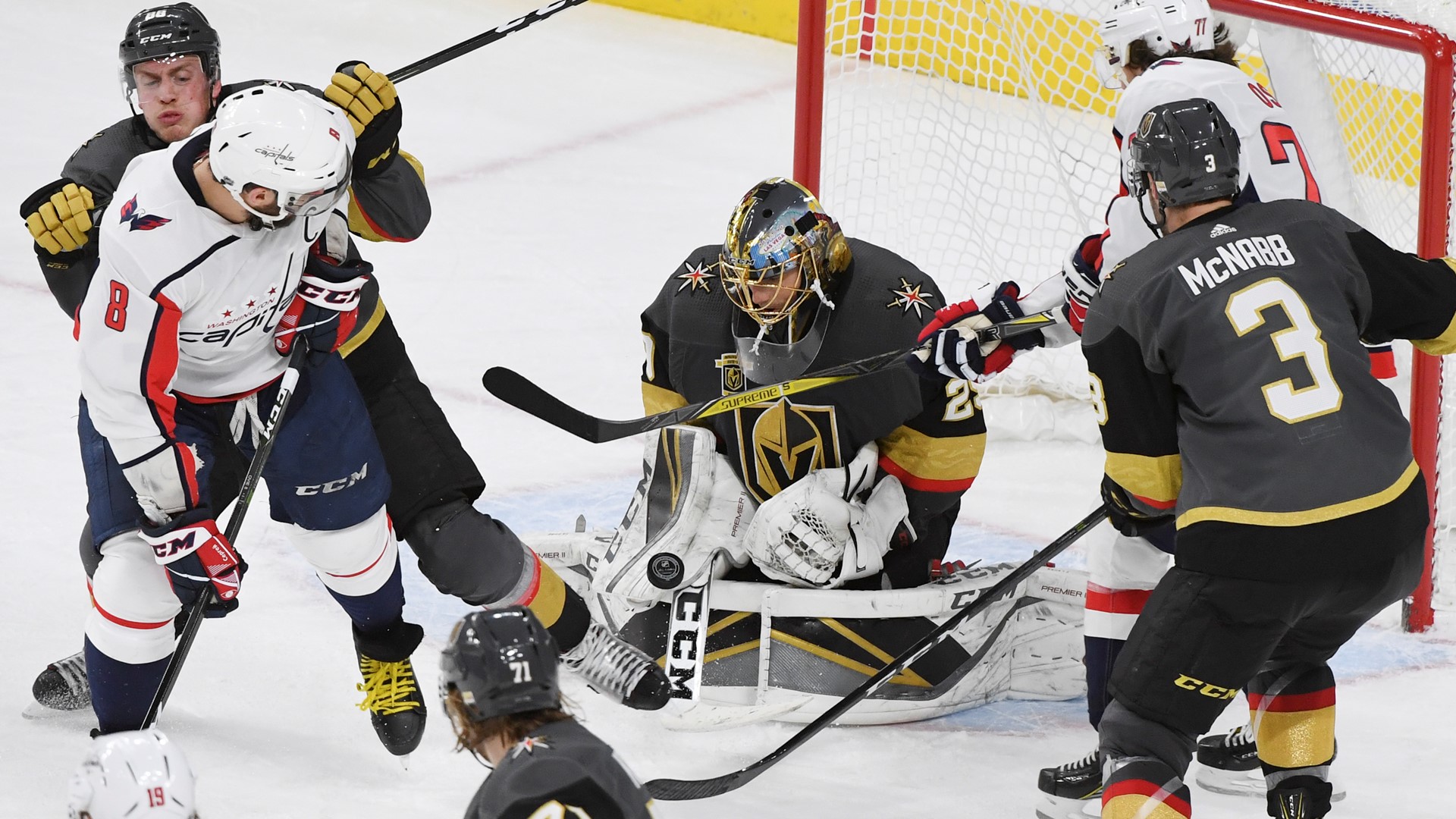 Vegas Golden Knights goalie Marc-Andre Fleury (29) makes a stop against the Washington Capitals