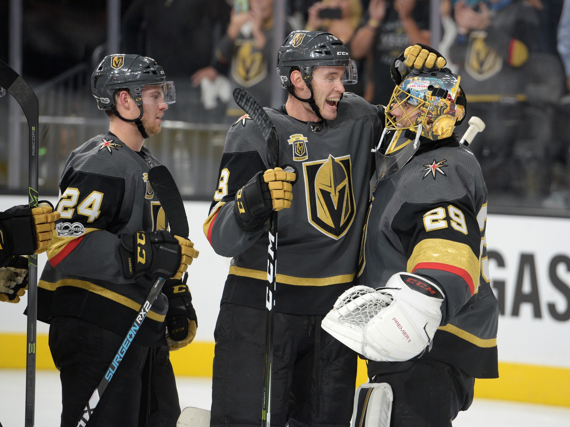 Vegas Golden Knights defenseman Brayden McNabb (3) congratulates Vegas Golden Knights goalie Marc-Andre Fleury (29)