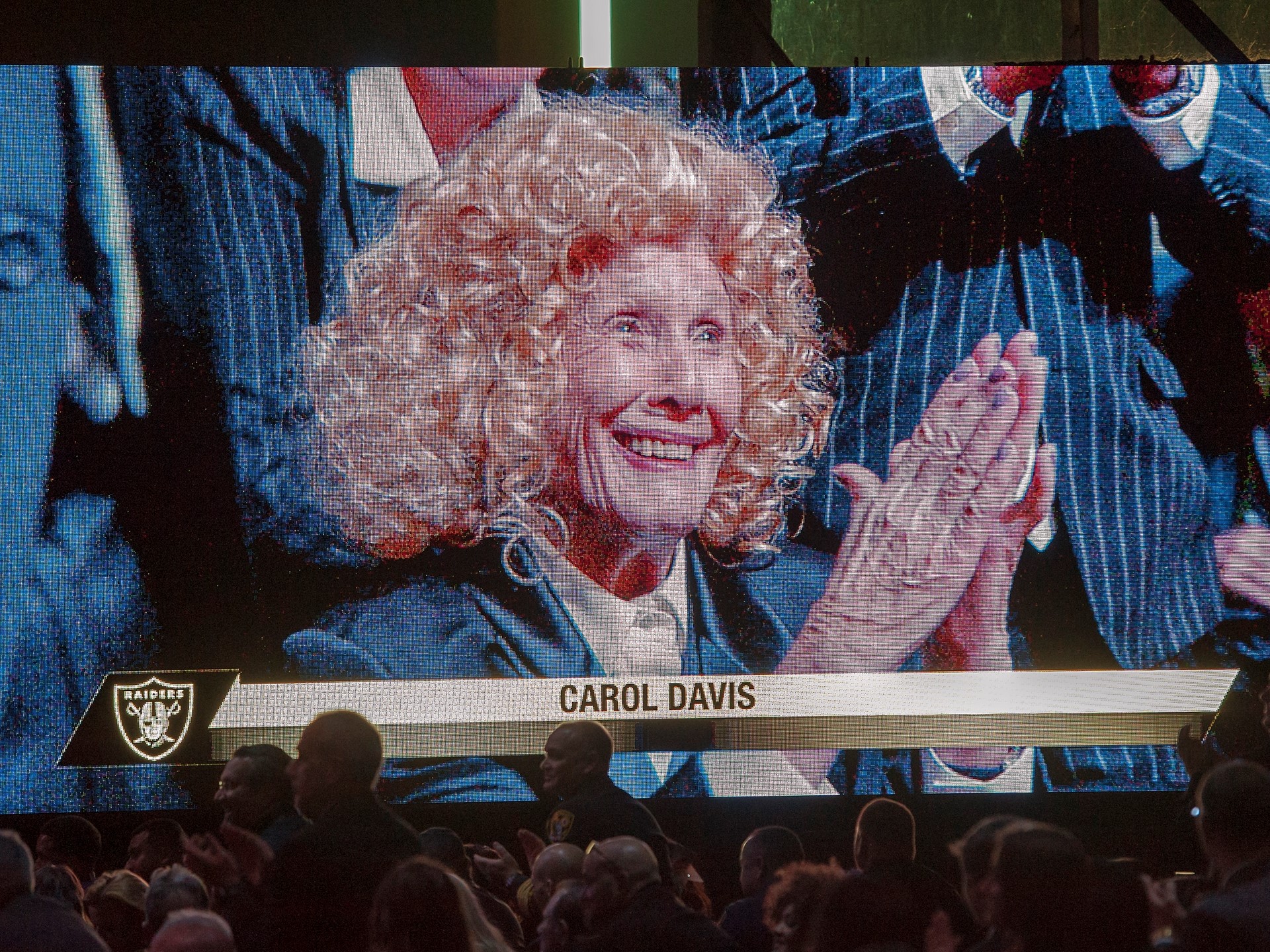 Carol Davis, mother of Oakland Raiders owner Mark Davis, is shown on screen