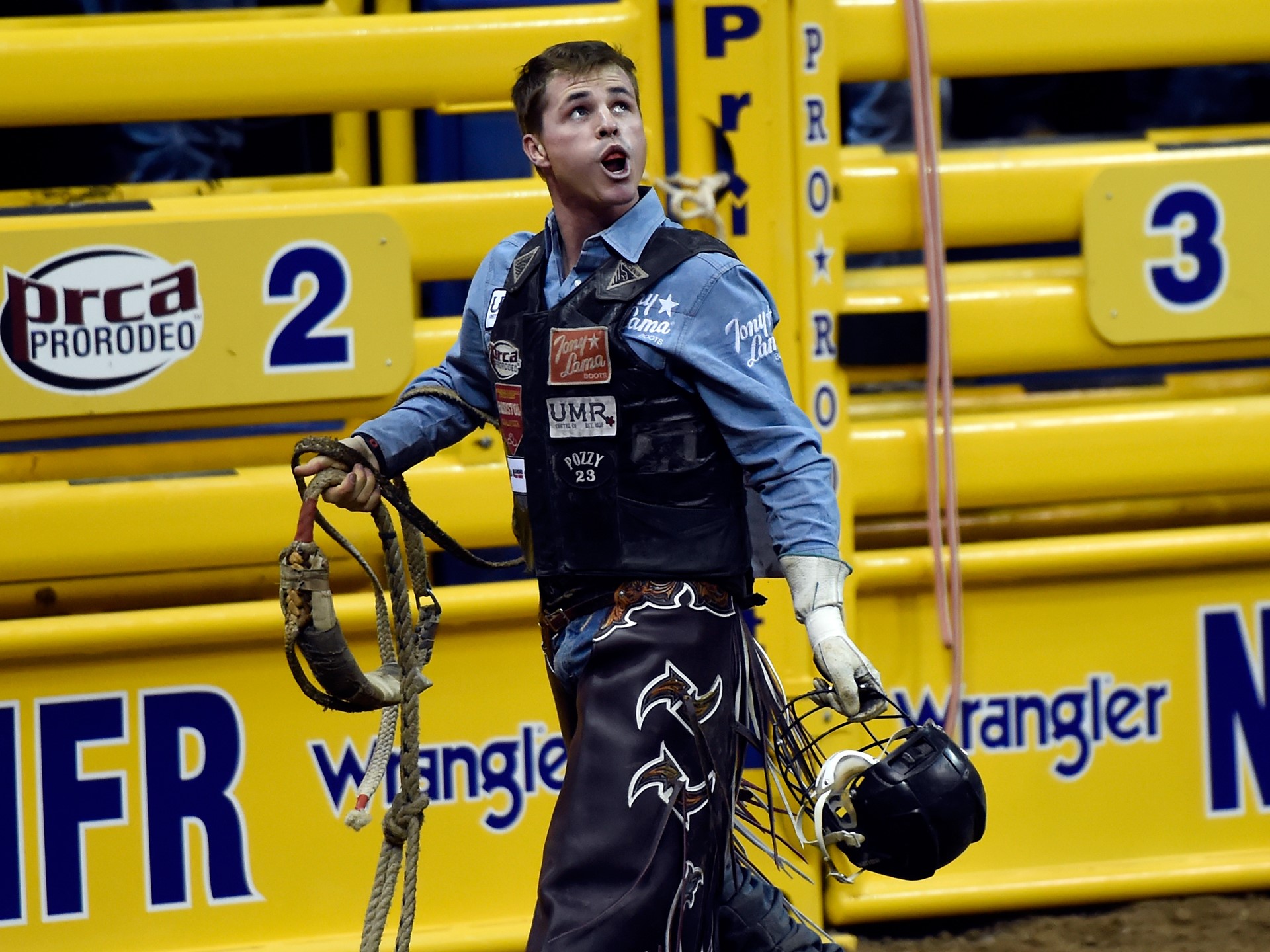 Ty Wallace from Collbran, Colorado, after competing in bull riding during the seventh go-round of the National Finals Ro