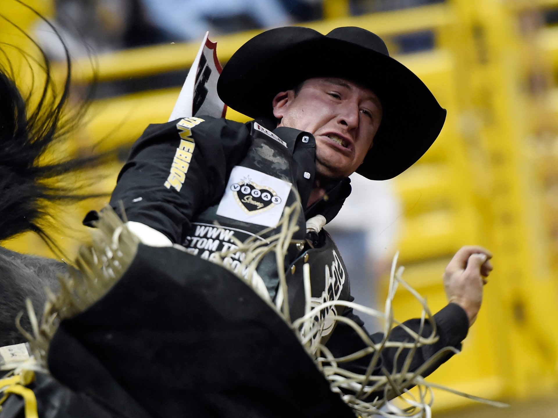 Jake Vold from Ponoka, Alberta, Canada, competes in bareback riding in the seventh go-round of the National Finals Rodeo