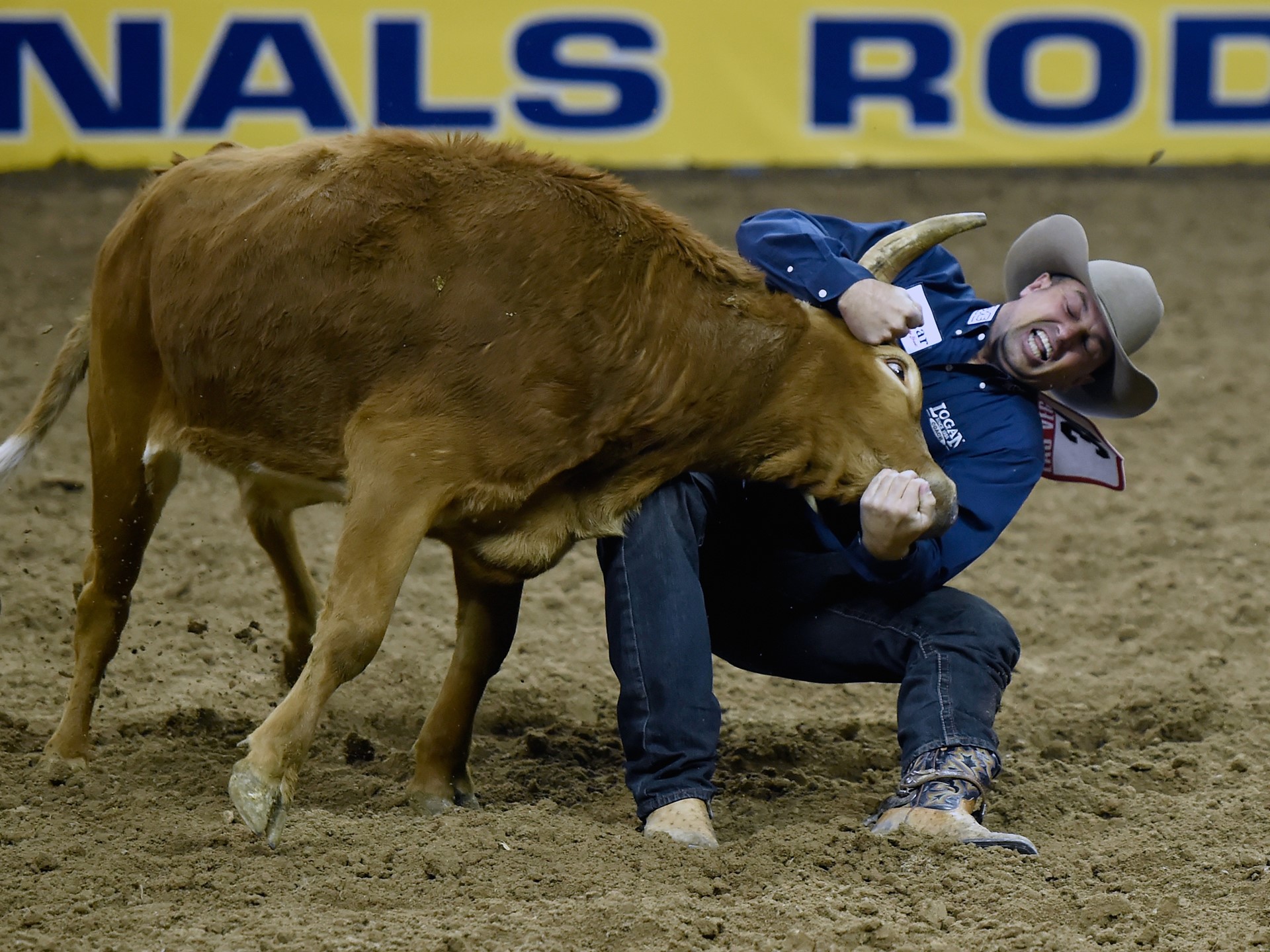 Olin Hannum from Malad, Idaho, competes in steer wrestling during the seventh go-round of the National Finals Rodeo