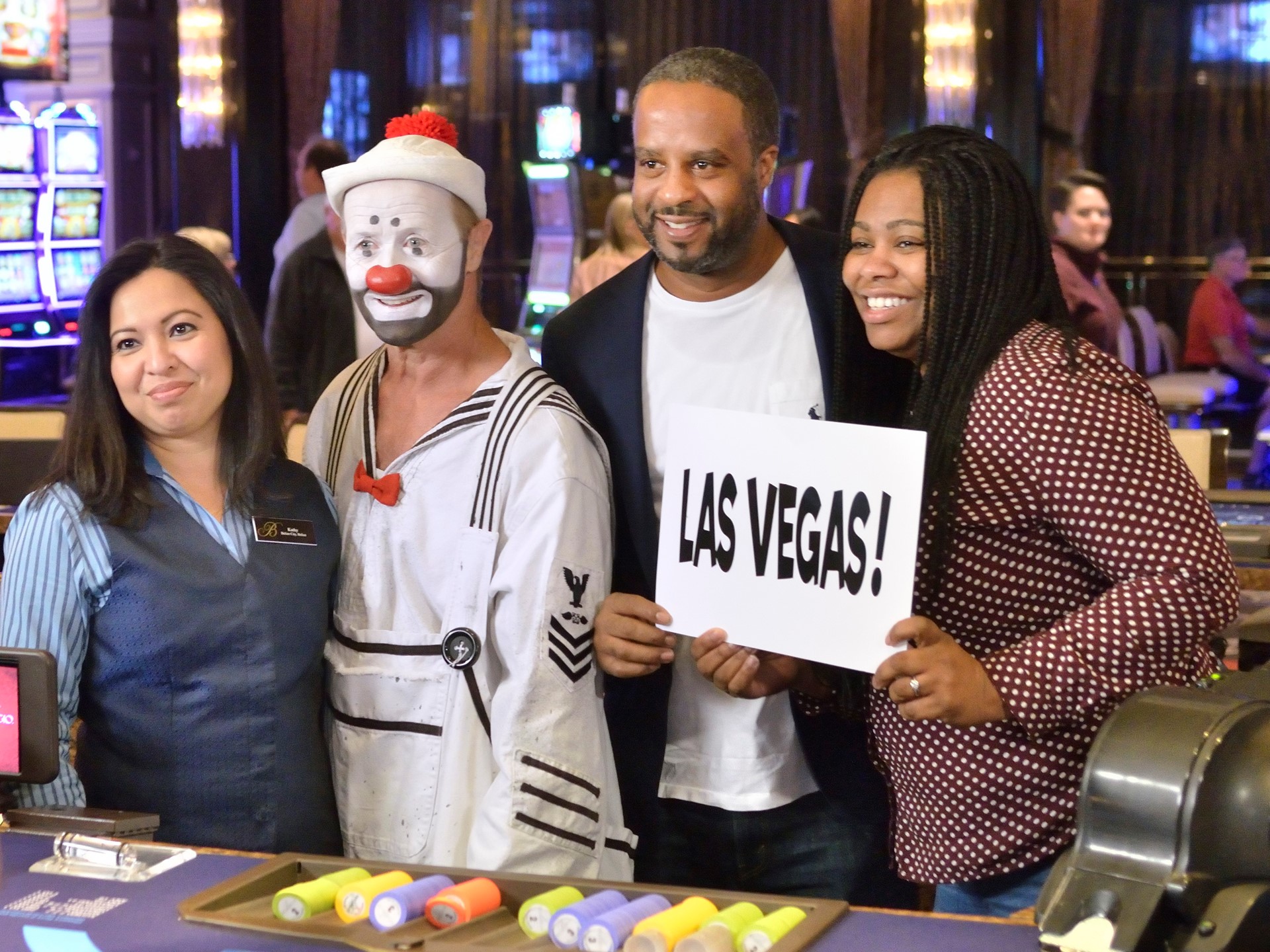 Clown from "O" by Cirque du Soleil surprises guests and Las Vegas employee with time off and free trips