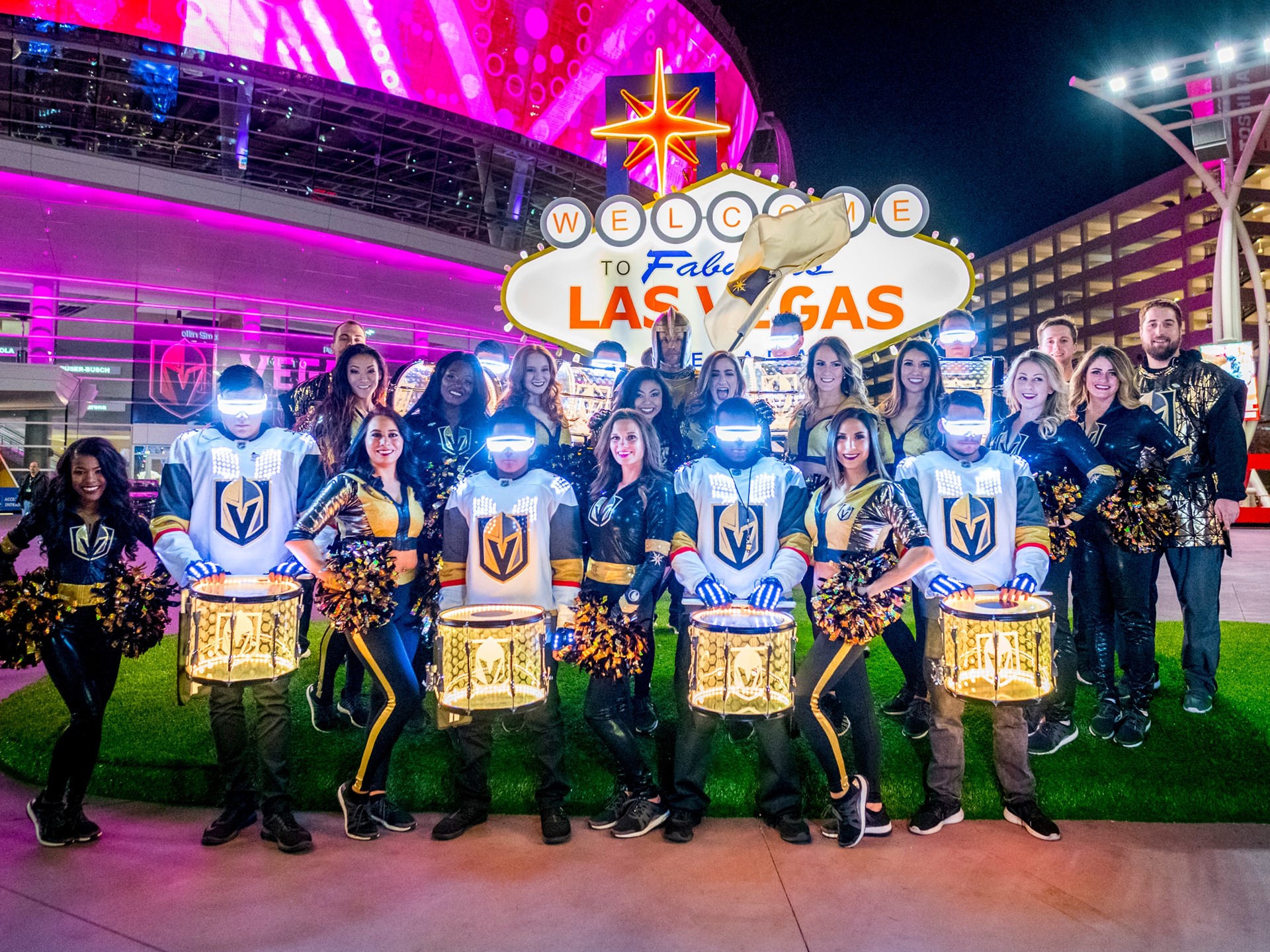 The Vegas Golden Knights Drumbots drumline and cheerleaders