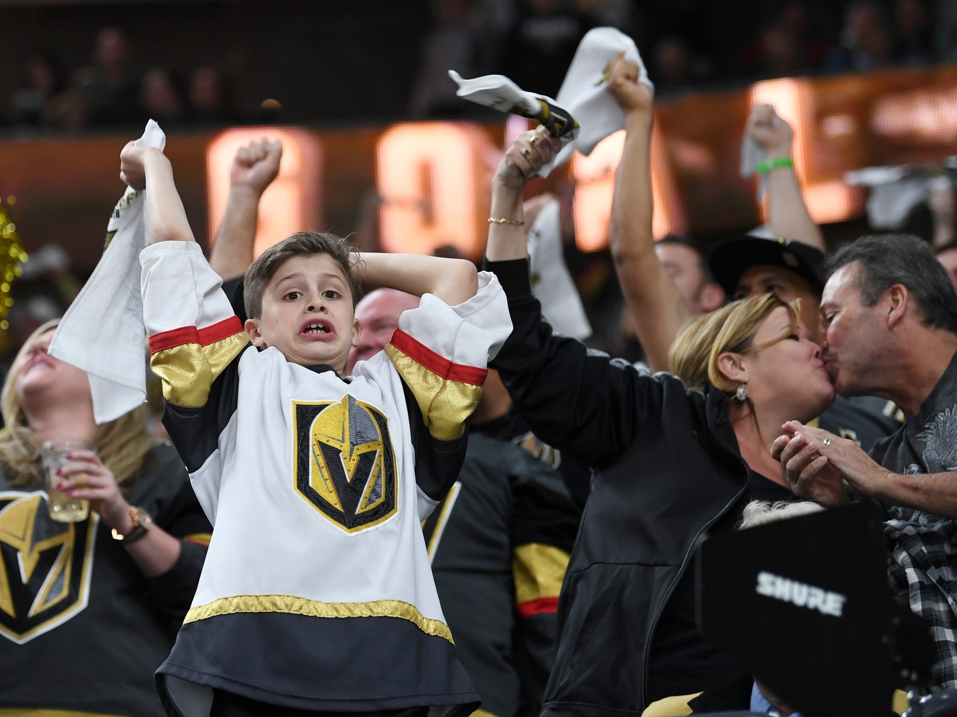 Vegas Golden Knights fans cheer after a goal against the San Jose Sharks