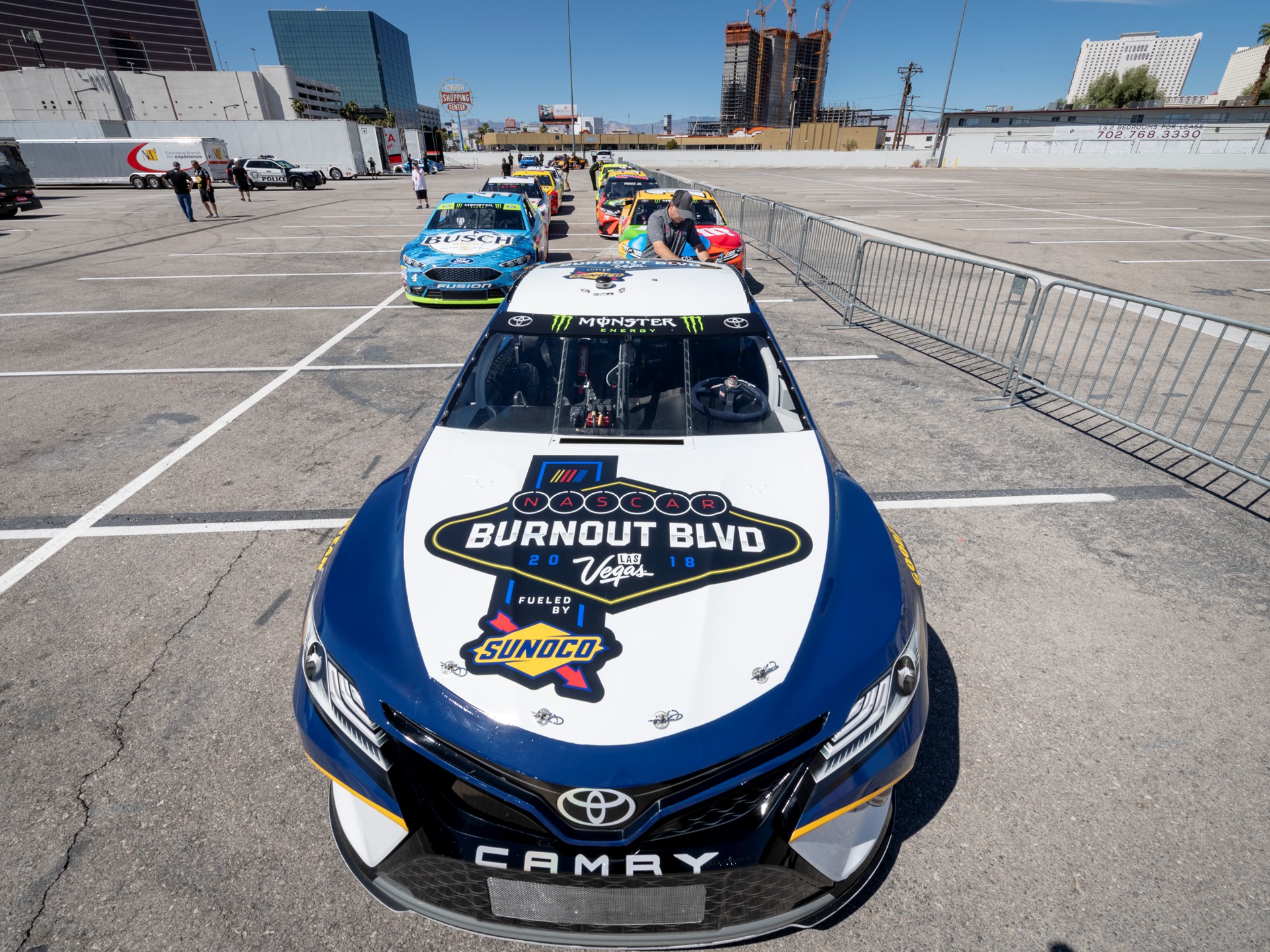 Cars are lined up for the 2018 NASCAR Burnout Blvd