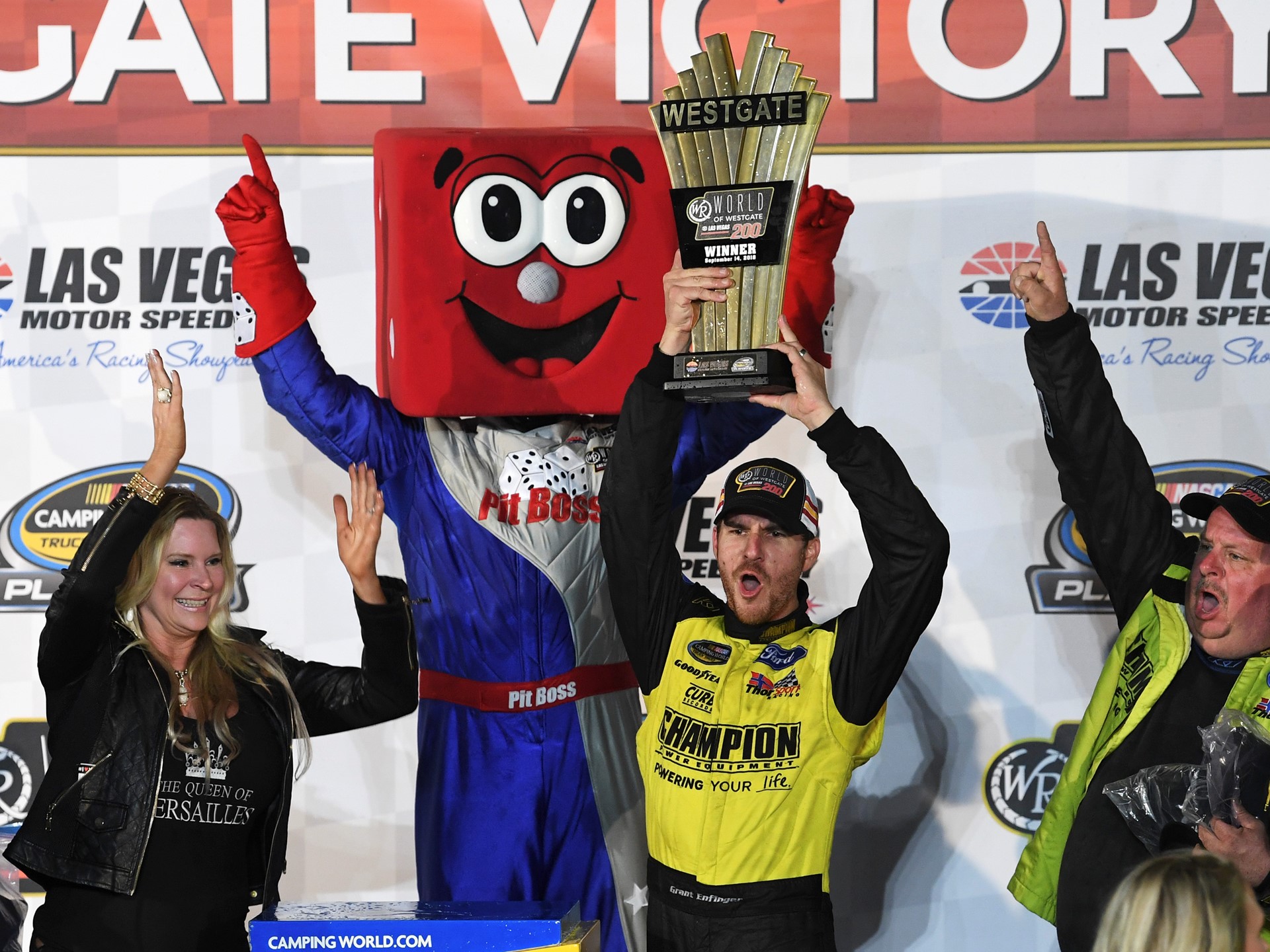 Grant Enfinger (98) celebrates his victory in the NASCAR Camping World Truck Series World of Westgate 200