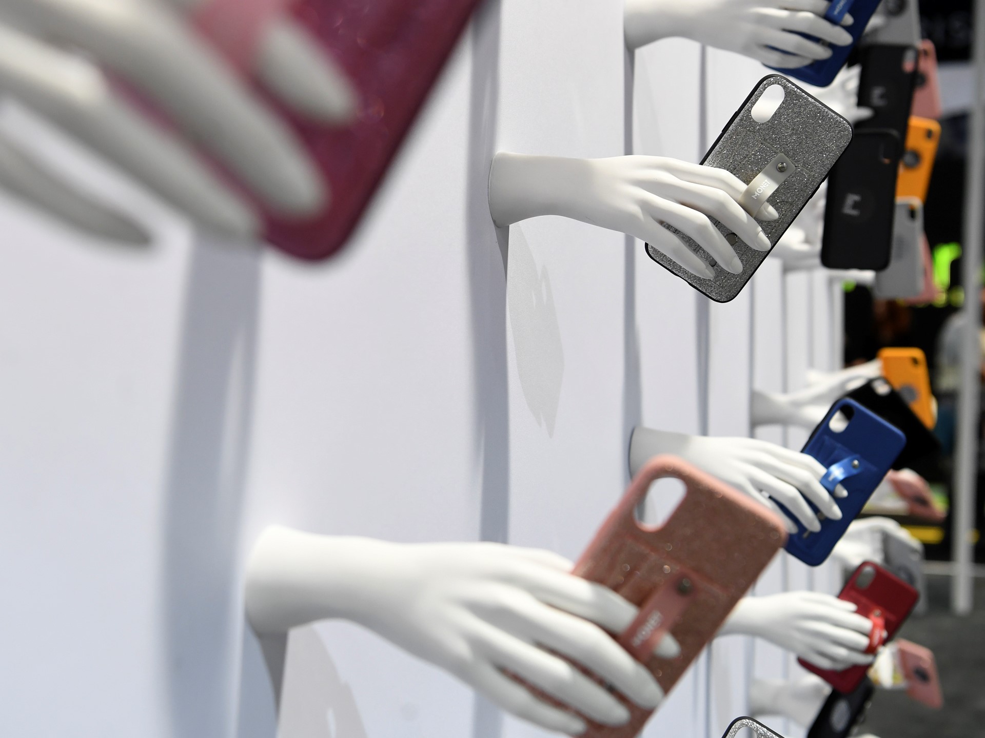 Cell phone cases are displayed