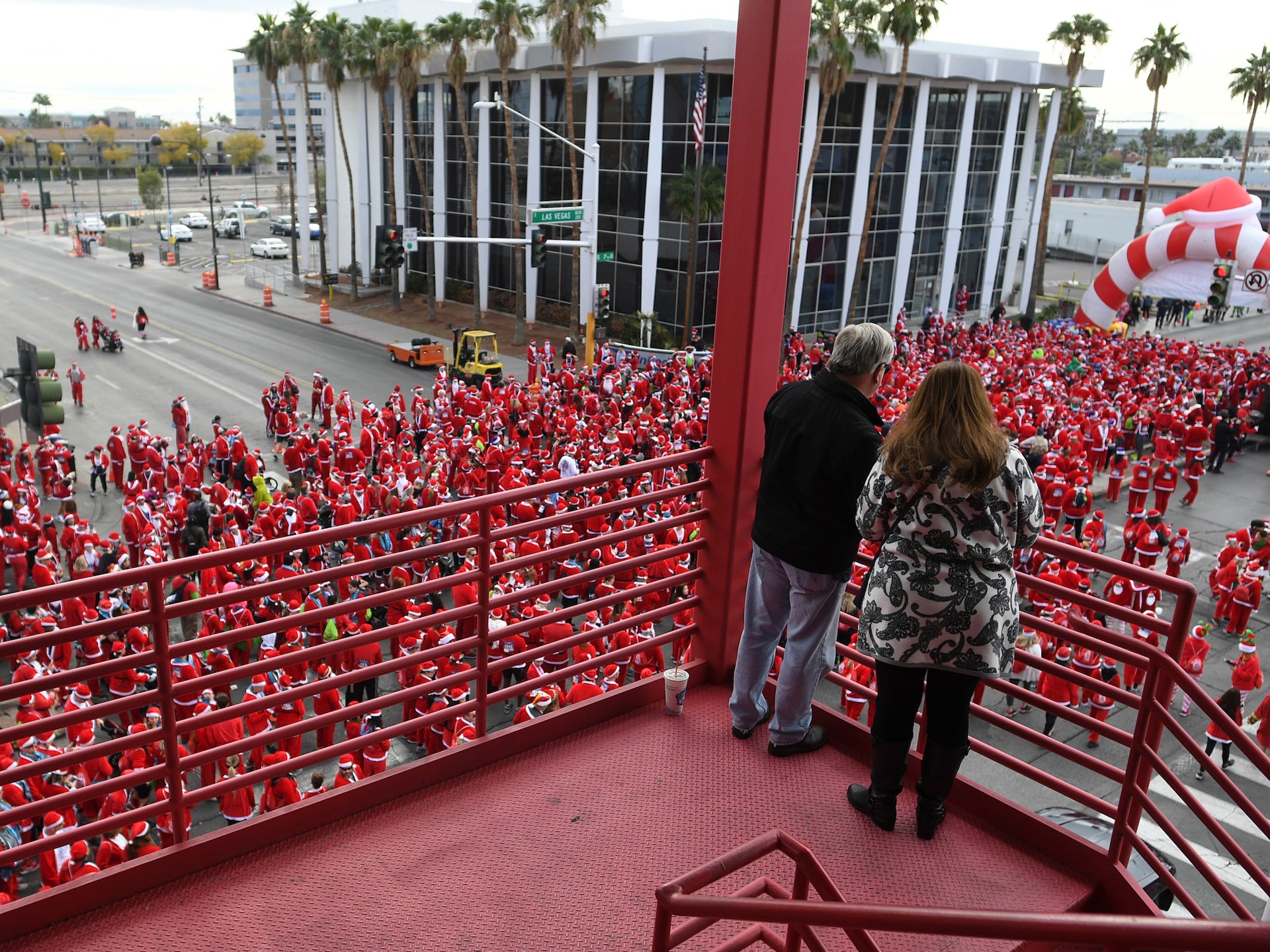 Spectators watch from the stairwell