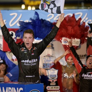 Ben Rhodes celebrates winning the NASCAR Camping World Truck Series