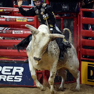 Jess Lockwood rides Lester Gillis during the final round at the PBR World Finals