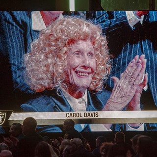 Carol Davis, mother of Oakland Raiders owner Mark Davis, is shown on screen
