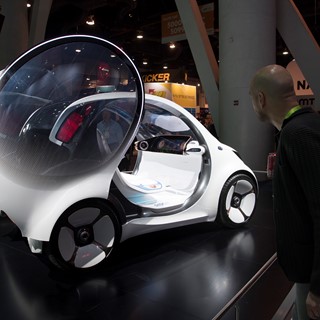 An electric, autonomous Mercedes smart car concept vehicle is seen during the second day of CES