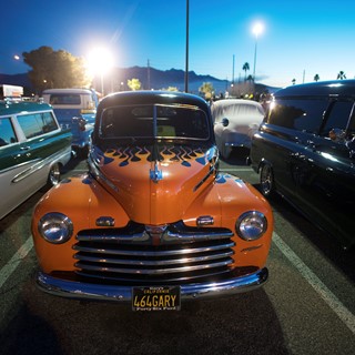 A 1946 Ford is seen in a flame paint job during the Mesquite Motor Mania car show