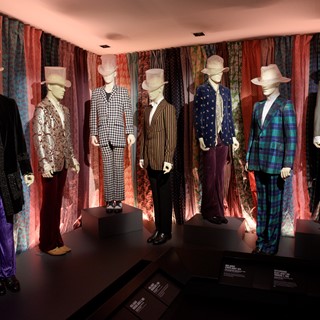 A collection of stage outfits is seen at the Rolling Stones "Exhibitionism"