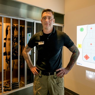 Trainer Jared Hermann at the Mob Museum's Use of Force Training Experience