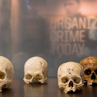 Human skulls welcomes guests to the Crime Lab as the Mob Museum