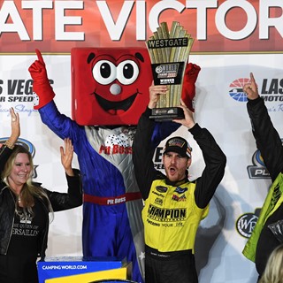 Grant Enfinger (98) celebrates his victory in the NASCAR Camping World Truck Series World of Westgate 200