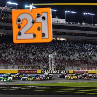The field crosses the start finish line during the NASCAR Camping World Truck Series World of Westgate 200