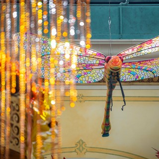 Dragonflies and LED-let hanging elements hover above the autumn display