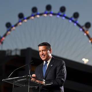 Nevada Governor Brian Sandoval speaks during the ceremonial ground breaking for the MSG Sphere at the Venetian