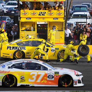 Joey Logano makes a pit stop