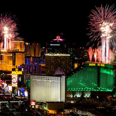 Fireworks explode above the Las Vegas Strip as seen from the Foundation Room at the Mandalay Bay Resort