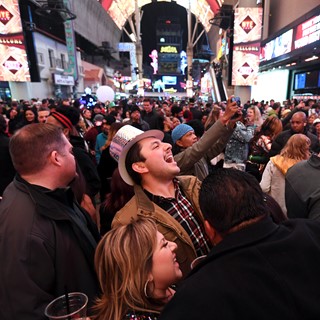 Revelers celebrate the new year during “America’s Party 2020” at the Fremont Street Experience