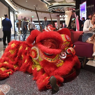 A woman watches as performers from the Lohan School of Shaolin take a break from a lion dance