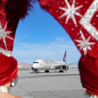 Showgirls Wave as Virgin Atlantic Flight Lands at Las Vegas