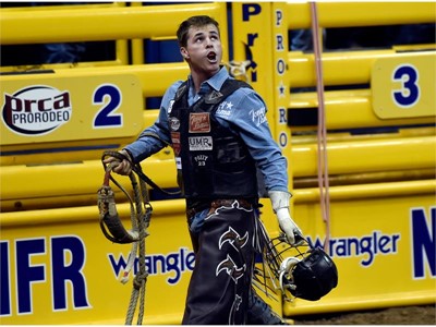 Ty Wallace from Collbran, Colorado, after competing in bull riding during the seventh go-round of the National Finals Ro