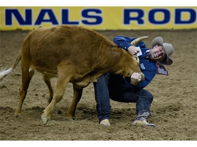 Olin Hannum from Malad, Idaho, competes in steer wrestling during the seventh go-round of the National Finals Rodeo