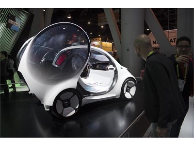 An electric, autonomous Mercedes smart car concept vehicle is seen during the second day of CES