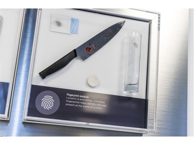 An exhibit introduces guests to fingerprint evidence in the Crime Lab at the Mob Museum