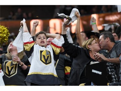 Vegas Golden Knights fans cheer after a goal against the San Jose Sharks