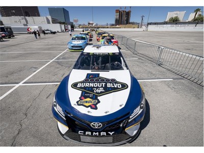 Cars are lined up for the 2018 NASCAR Burnout Blvd