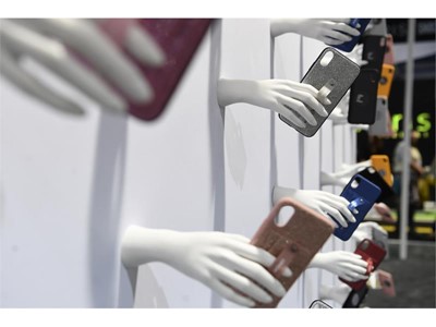 Cell phone cases are displayed