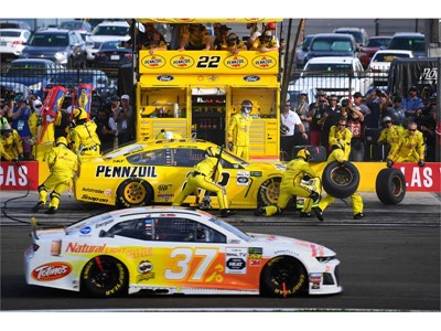 Joey Logano makes a pit stop