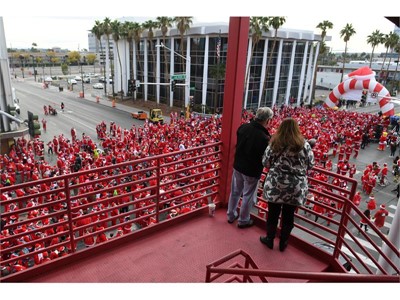 Spectators watch from the stairwell