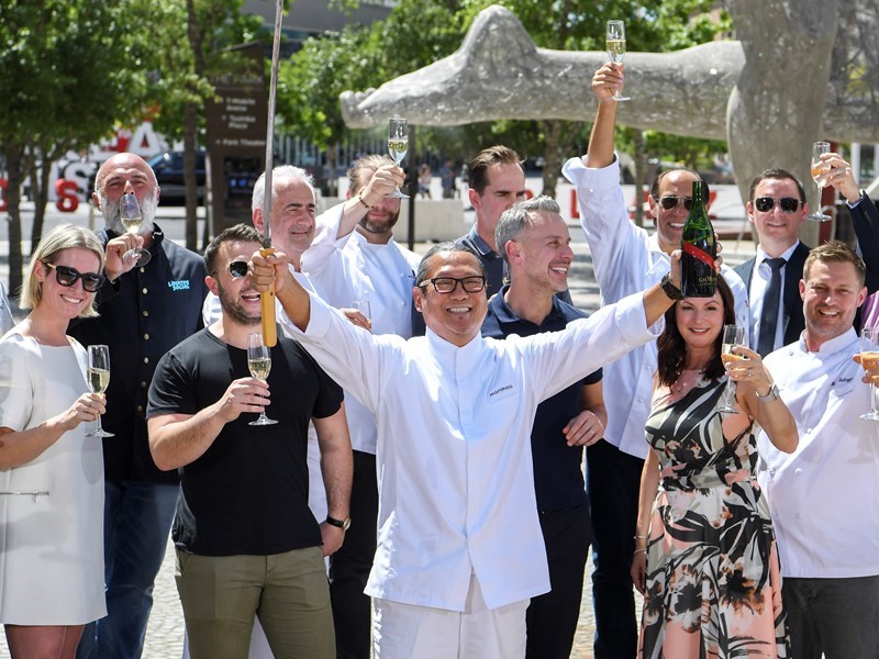 Lvcva World Renowned Chefs Toast To The Beginning Of Vegas Uncork D By Bon Appetit With A Burst Of Prosecco At The Ceremonial Saber Off