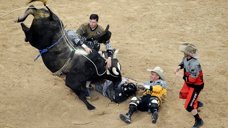 Lachlan Richardson Is Helped By Bullfighters From Left Cody Webster Frank Newsom And Shorty Gorman