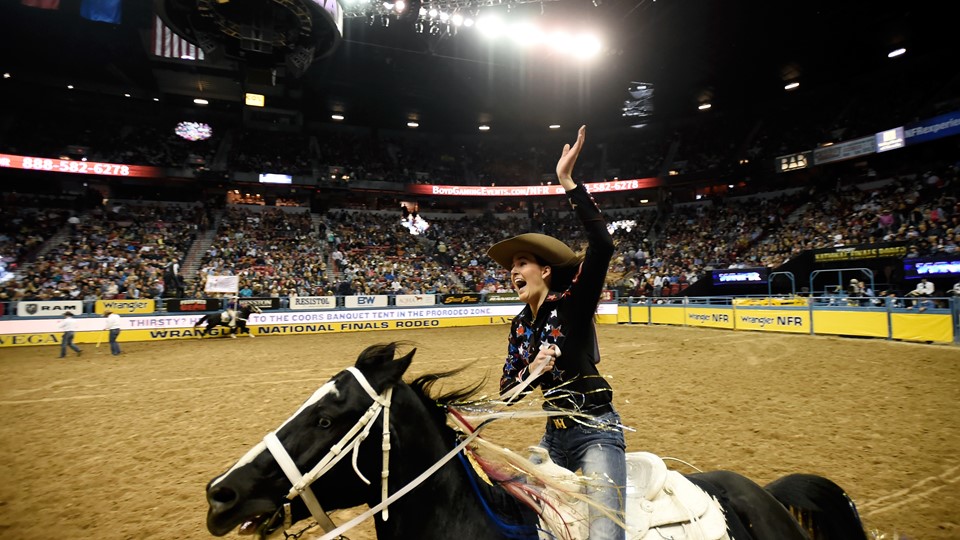 Tillar Murray from Fort Worth, Texas, during the seventh go-round of the National Finals Rodeo