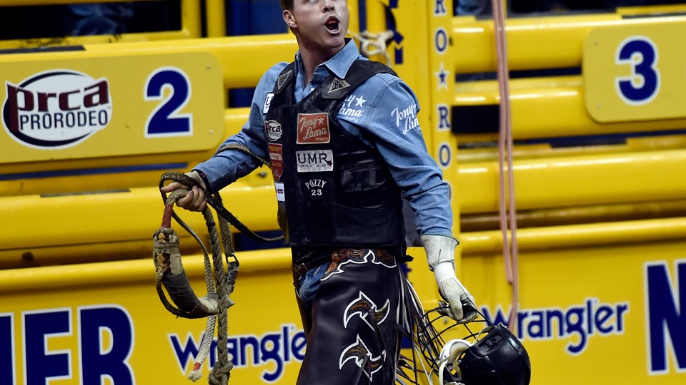 Ty Wallace from Collbran, Colorado, after competing in bull riding during the seventh go-round of the National Finals Ro