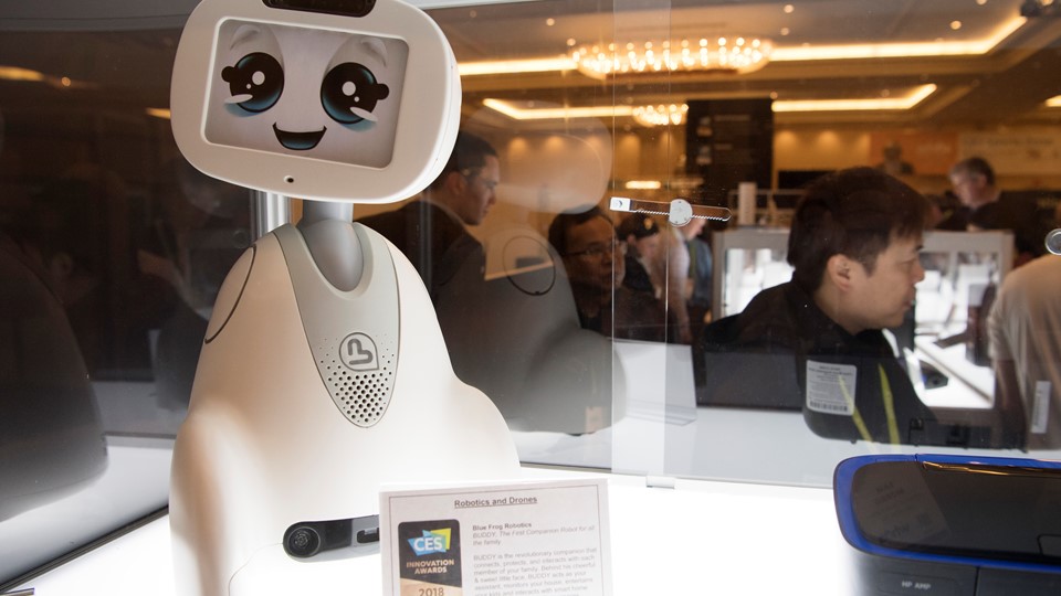 A Blue Frog Robotics robot is featured during the first day of CES