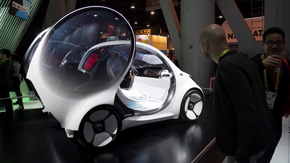 An electric, autonomous Mercedes smart car concept vehicle is seen during the second day of CES