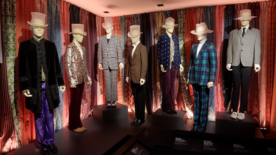 A collection of stage outfits is seen at the Rolling Stones "Exhibitionism"