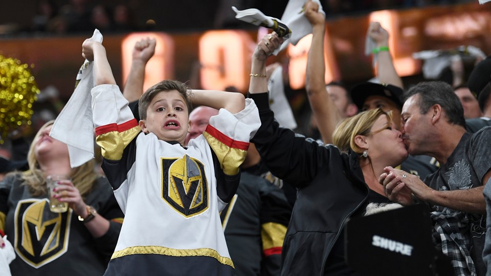 Vegas Golden Knights fans cheer after a goal against the San Jose Sharks